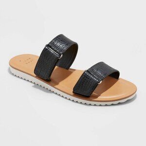 A‎ New Day Black Faux Crocodile Slip On Flat Sandals Women Size 11